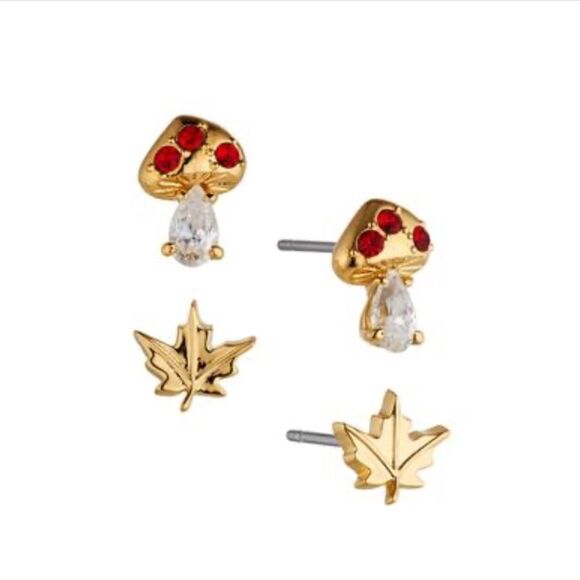 Ava Nadri Set of Mushroom Design Studs and Leaf Studs Earring Set, Gold-Plated - Picture 1 of 2